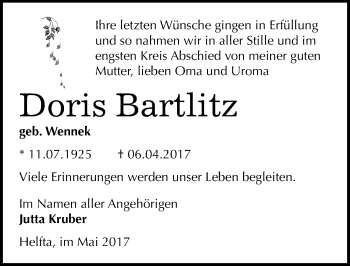 Traueranzeige von Doris Bartlitz von Mitteldeutsche Zeitung Mansfelder Land