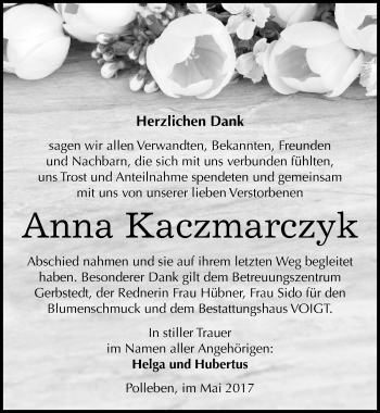 Traueranzeige von Anna Kaczmarczyk von Mitteldeutsche Zeitung Mansfelder Land