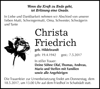 Traueranzeige von Christa Friedrich von WVG - Wochenspiegel Merseburg