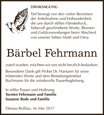 Traueranzeige von Bärbel Fehrmann von WVG - Wochenspiegel Dessau / Köthen