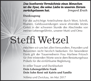 Traueranzeige von Steffi Wetzel von Super Sonntag Zeitz