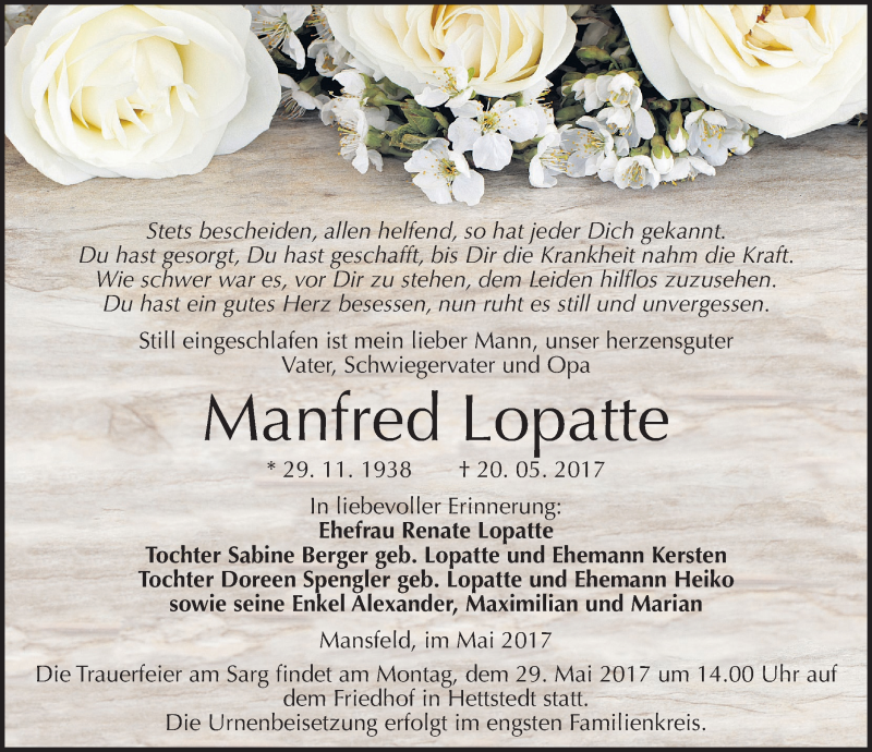  Traueranzeige für Manfred Lopatte vom 24.05.2017 aus Mitteldeutsche Zeitung Mansfelder Land