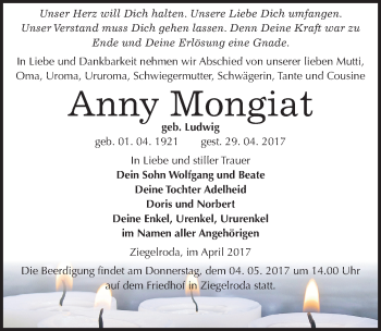 Traueranzeige von Anny Mongiat von Mitteldeutsche Zeitung Merseburg/Querfurt
