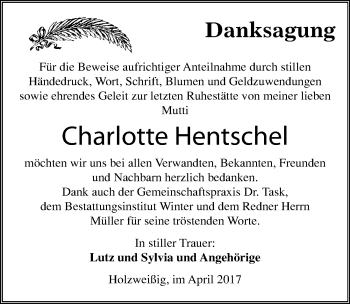Traueranzeige von Charlotte Hentschel von Mitteldeutsche Zeitung Bitterfeld