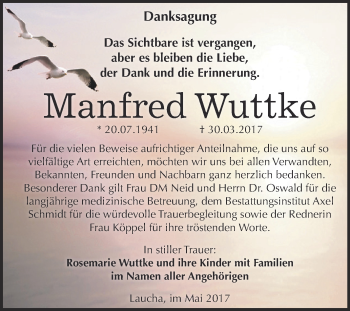 Traueranzeige von Manfred Wuttke von WVG - Wochenspiegel NMB / WSF / ZTZ