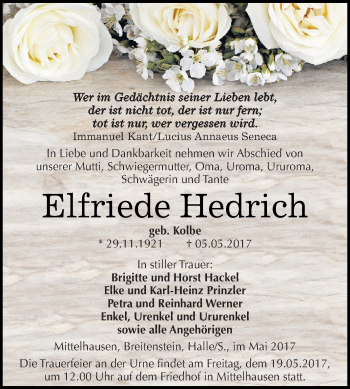 Traueranzeige von Elfriede Hedrich von Super Sonntag SGH Mansf. Land