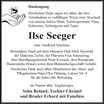 Traueranzeige von Ilse Seeger von WVG - Wochenspiegel Dessau / Köthen