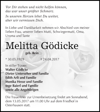 Traueranzeige von Melitta Gödicke von Wochenspiegel Mansfelder Land