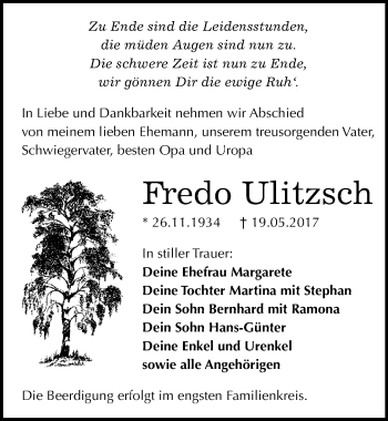 Traueranzeige von Fredo Ulitzsch von Mitteldeutsche Zeitung Bitterfeld