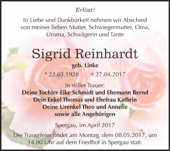 Traueranzeige von Sigrid Reinhardt von Super Sonntag Merseburg