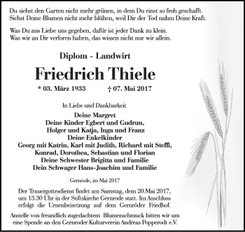 Traueranzeige von Friedrich Thiele von WVG - Wochenspiegel Quedlinburg