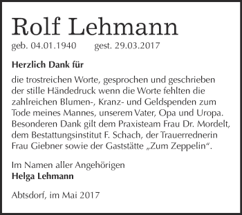Traueranzeige von Rolf Lehmann von Super Sonntag Wittenberg