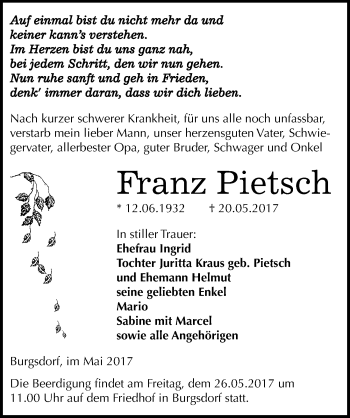 Traueranzeige von Franz Pietsch von Mitteldeutsche Zeitung Mansfelder Land
