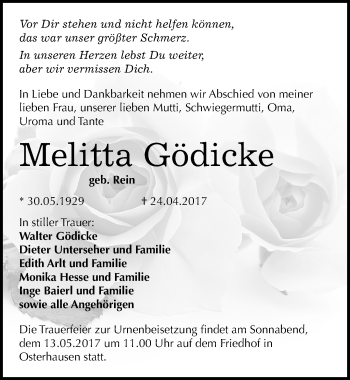 Traueranzeige von Melitta Gödicke von Mitteldeutsche Zeitung Mansfelder Land