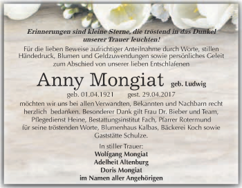 Traueranzeige von Anny Mongiat von WVG - Wochenspiegel Merseburg