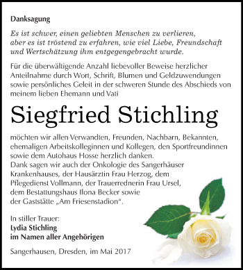 Traueranzeige von Siegfried Stichling von Super Sonntag SGH Mansf. Land