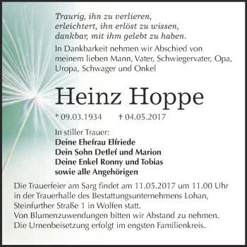 Traueranzeige von Heinz Hoppe von WVG - Wochenspiegel Bitterfeld
