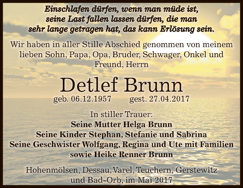  Traueranzeige für Detlef Brunn vom 31.05.2017 aus Super Sonntag Zeitz