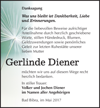 Traueranzeige von Gerlinde Diener von Mitteldeutsche Zeitung Naumburg/Nebra