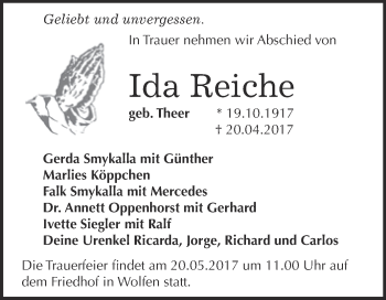 Traueranzeige von Ida Reiche von WVG - Wochenspiegel Bitterfeld