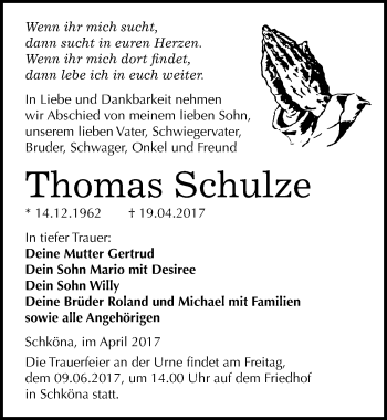 Traueranzeige von Thomas Schulze von Mitteldeutsche Zeitung Wittenberg