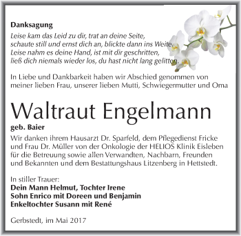 Traueranzeige von Waltraut Engelmann von Mitteldeutsche Zeitung Mansfelder Land