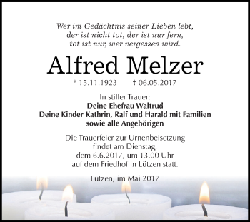 Traueranzeige von Alfred Melzer von WVG - Wochenspiegel NMB / WSF / ZTZ