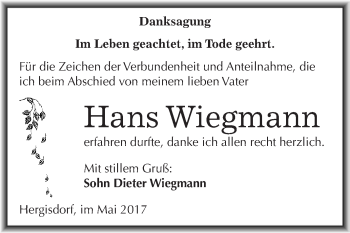Traueranzeige von Hans Wiegmann von Wochenspiegel Mansfelder Land