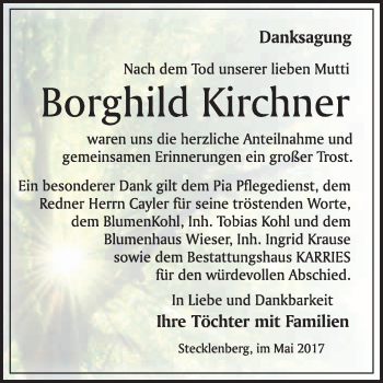 Traueranzeige von Borghild Kirchner von WVG - Wochenspiegel Quedlinburg
