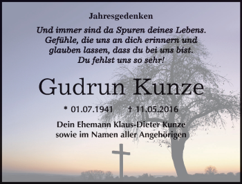Traueranzeige von Gudrun Kunze von Mitteldeutsche Zeitung Dessau-Roßlau