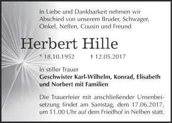 Traueranzeige von Herbert Hille von Super Sonntag Bernburg