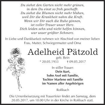 Traueranzeige von Adelheid Pätzold von WVG - Wochenspiegel NMB / WSF / ZTZ