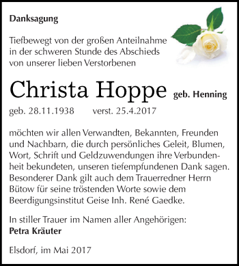 Traueranzeige von Christa Hoppe von WVG - Wochenspiegel Dessau / Köthen