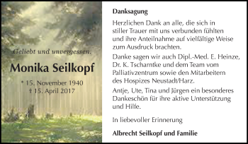 Traueranzeige von Monika Seilkopf von Super Sonntag SGH Mansf. Land