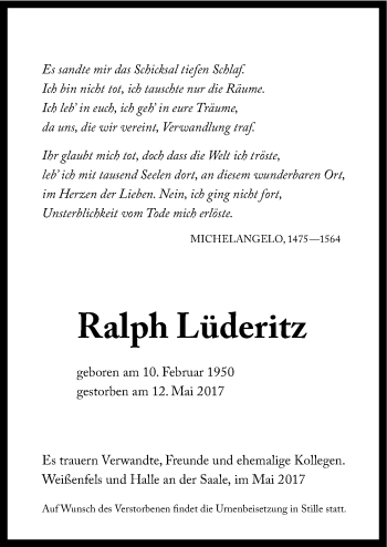 Traueranzeige von Ralph Lüderitz von Mitteldeutsche Zeitung