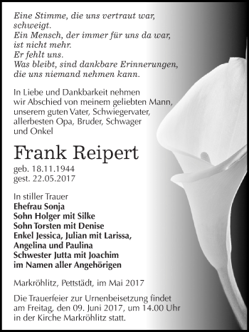 Traueranzeige von Frank Reipert von WVG - Wochenspiegel NMB / WSF / ZTZ