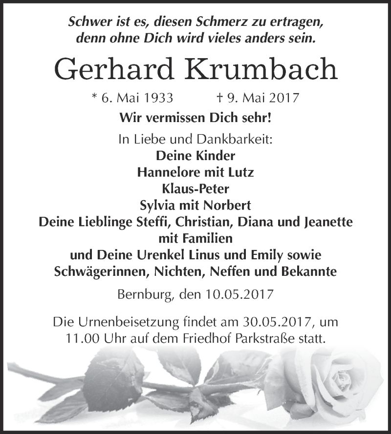  Traueranzeige für Gerhard Krumbach vom 13.05.2017 aus Super Sonntag Bernburg