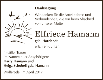 Traueranzeige von Elfriede Hamann von Wochenspiegel Mansfelder Land
