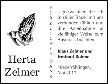 Traueranzeige von Herta Zelmer von Super Sonntag SGH Mansf. Land