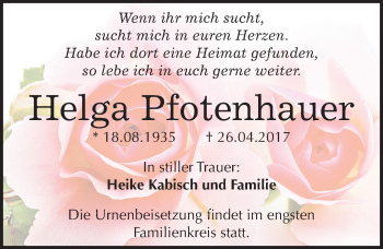 Traueranzeige von Helga Pfotenhauer von Mitteldeutsche Zeitung Halle/Saalkreis