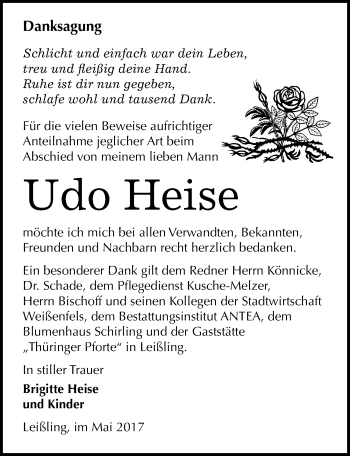 Traueranzeige von Udo Heise von Mitteldeutsche Zeitung Weißenfels