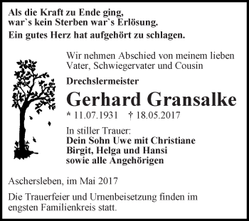 Traueranzeige von Gerhard Gransalke von Super Sonntag Aschersleben