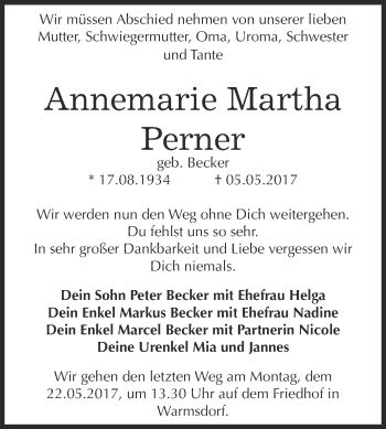 Traueranzeige von Annemarie Martha Perner von Super Sonntag Bernburg