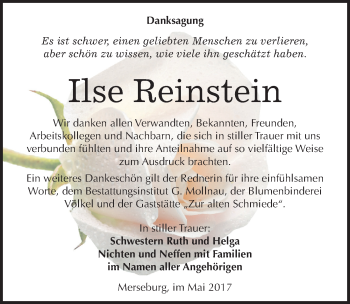 Traueranzeige von Ilse Reinstein von Mitteldeutsche Zeitung Merseburg/Querfurt