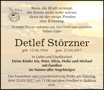 Traueranzeige von Detlef Störzner von Mitteldeutsche Zeitung Bitterfeld