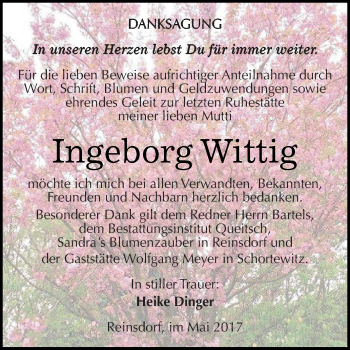 Traueranzeige von Ingeborg Wittig von WVG - Wochenspiegel Dessau / Köthen