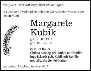 Traueranzeige von Margarete Kubik von Super Sonntag SGH Mansf. Land
