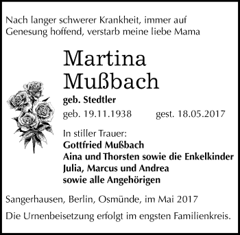 Traueranzeige von Martina Mußbach von Mitteldeutsche Zeitung Sangerhausen