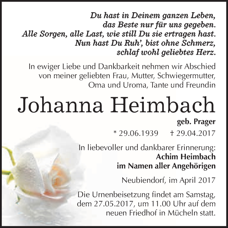 Traueranzeige für Johanna Heimbach vom 06.05.2017 aus WVG - Wochenspiegel Merseburg