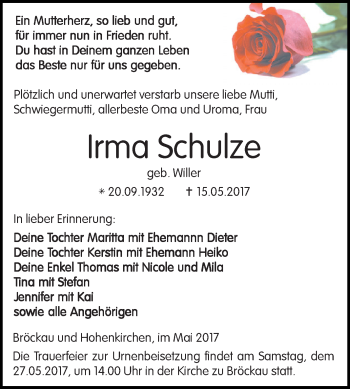 Traueranzeige von Irma Schulze von Super Sonntag Zeitz